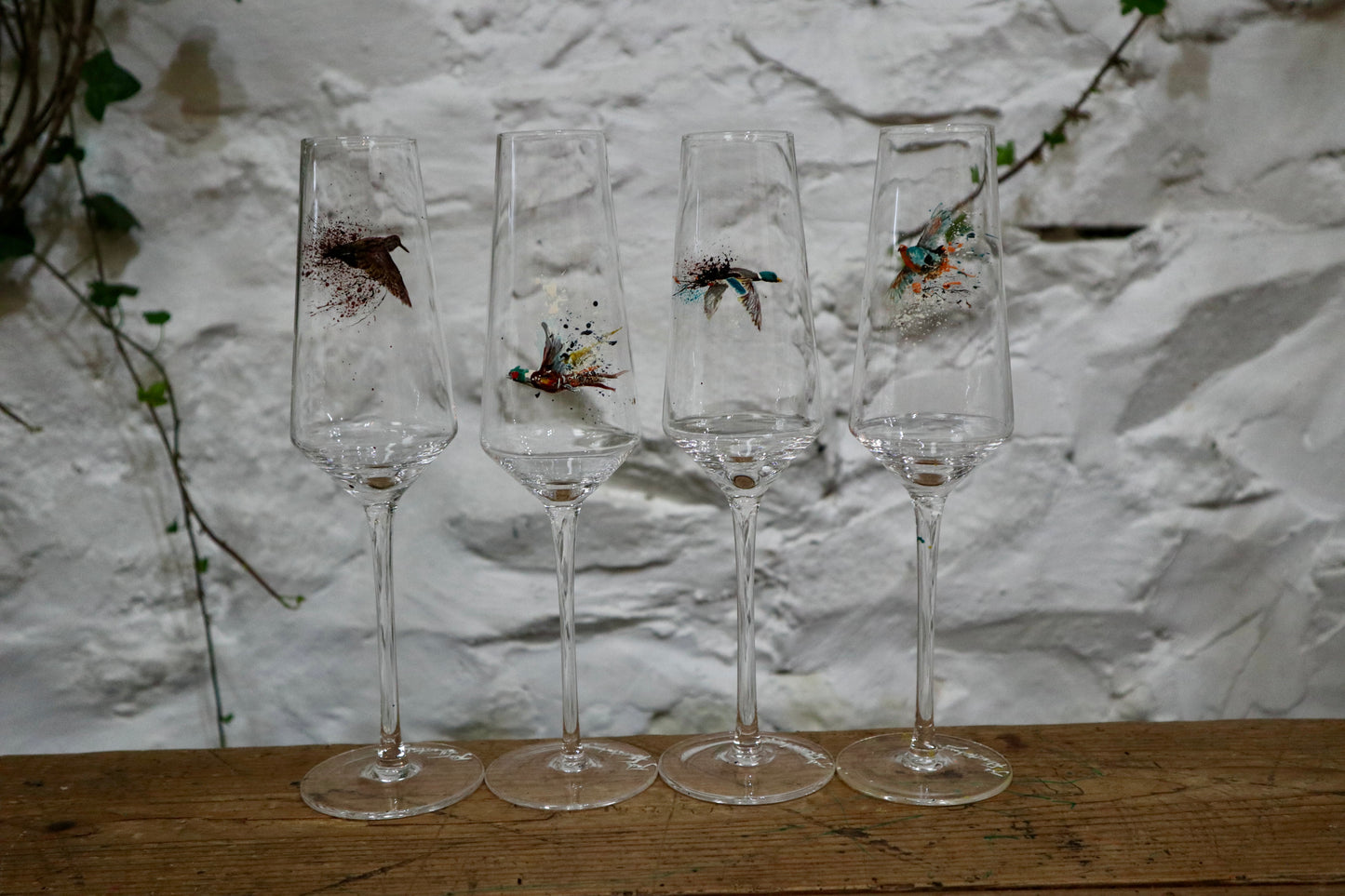 Set of 4 Game Bird Champagne Flutes (Hand painted)