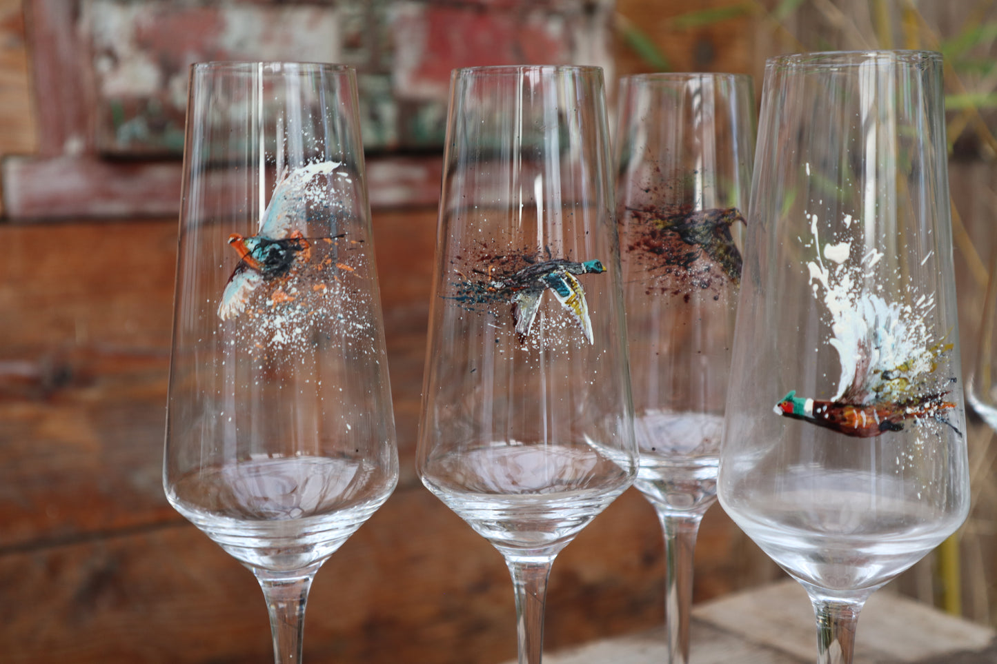 Set of 4 Game Bird Champagne Flutes (Hand painted)