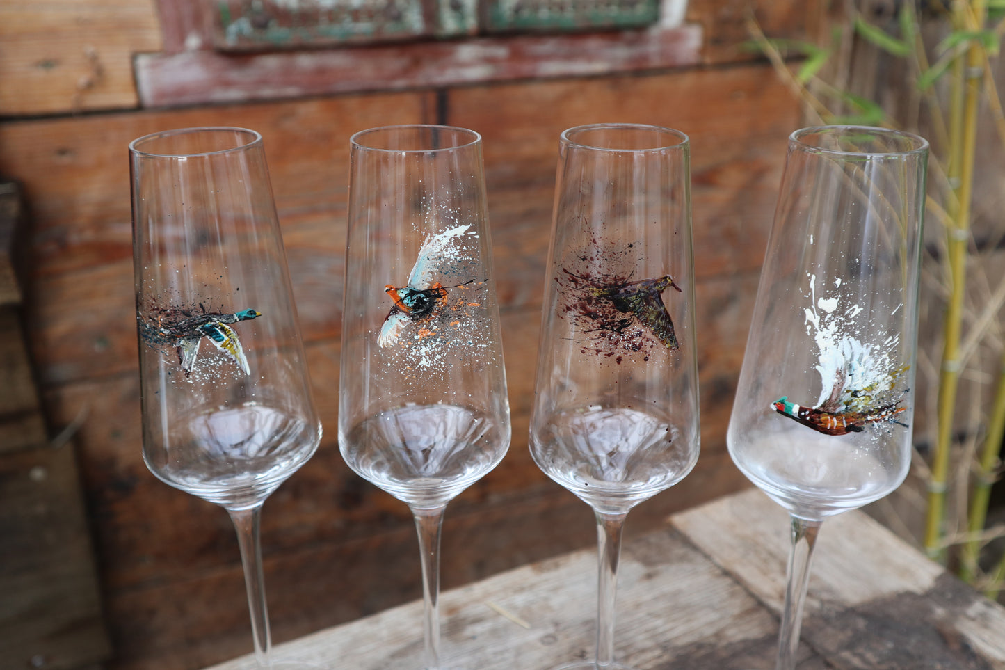 Set of 4 Game Bird Champagne Flutes (Hand painted)