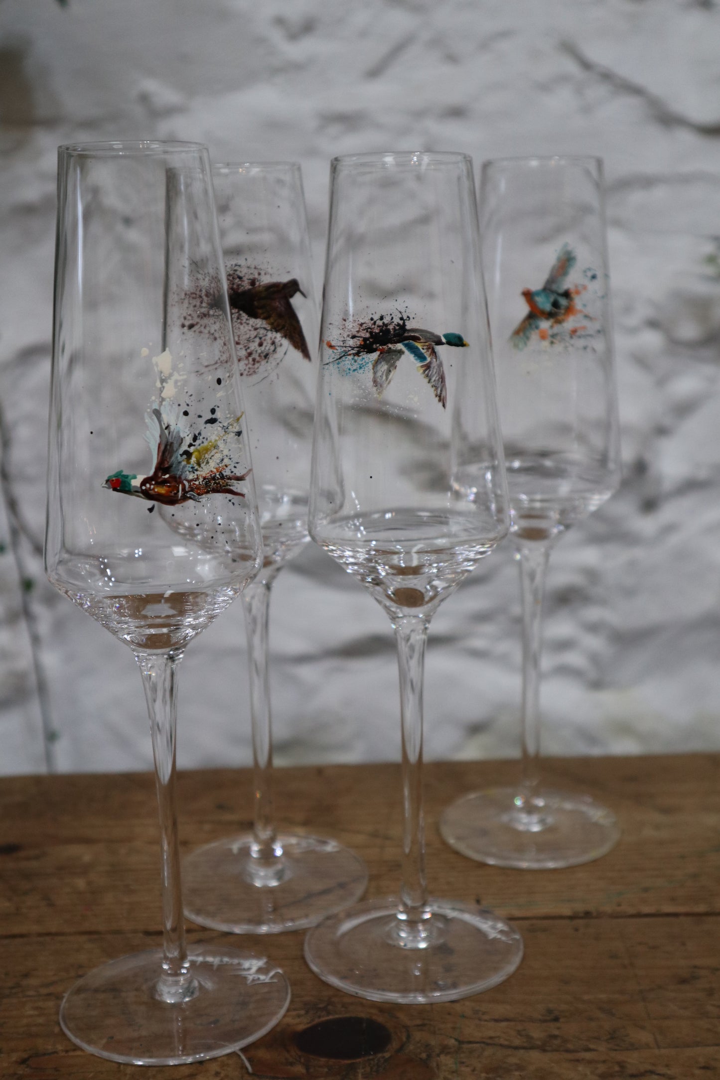 Set of 4 Game Bird Champagne Flutes (Hand painted)