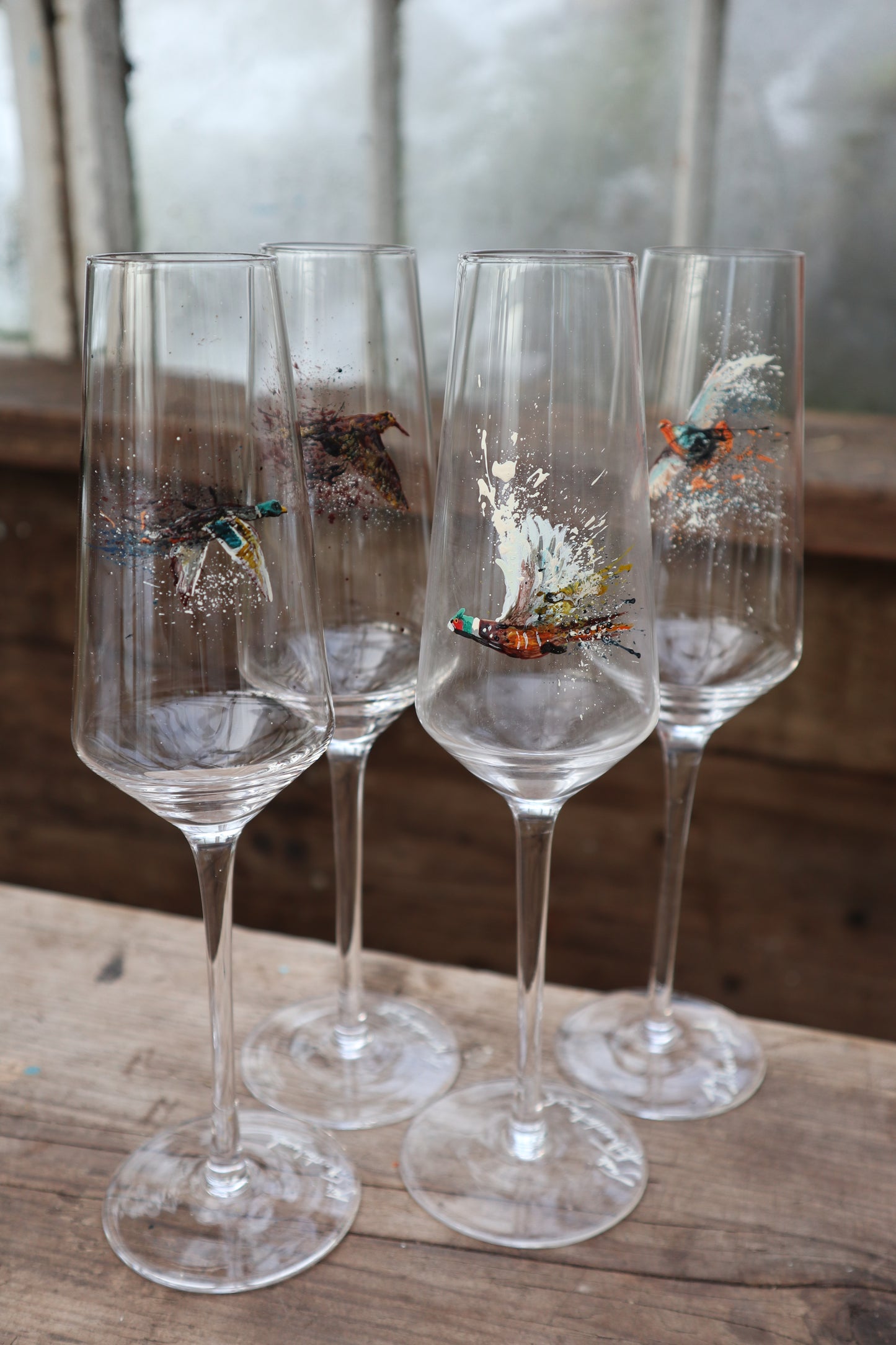 Set of 4 Game Bird Champagne Flutes (Hand painted)