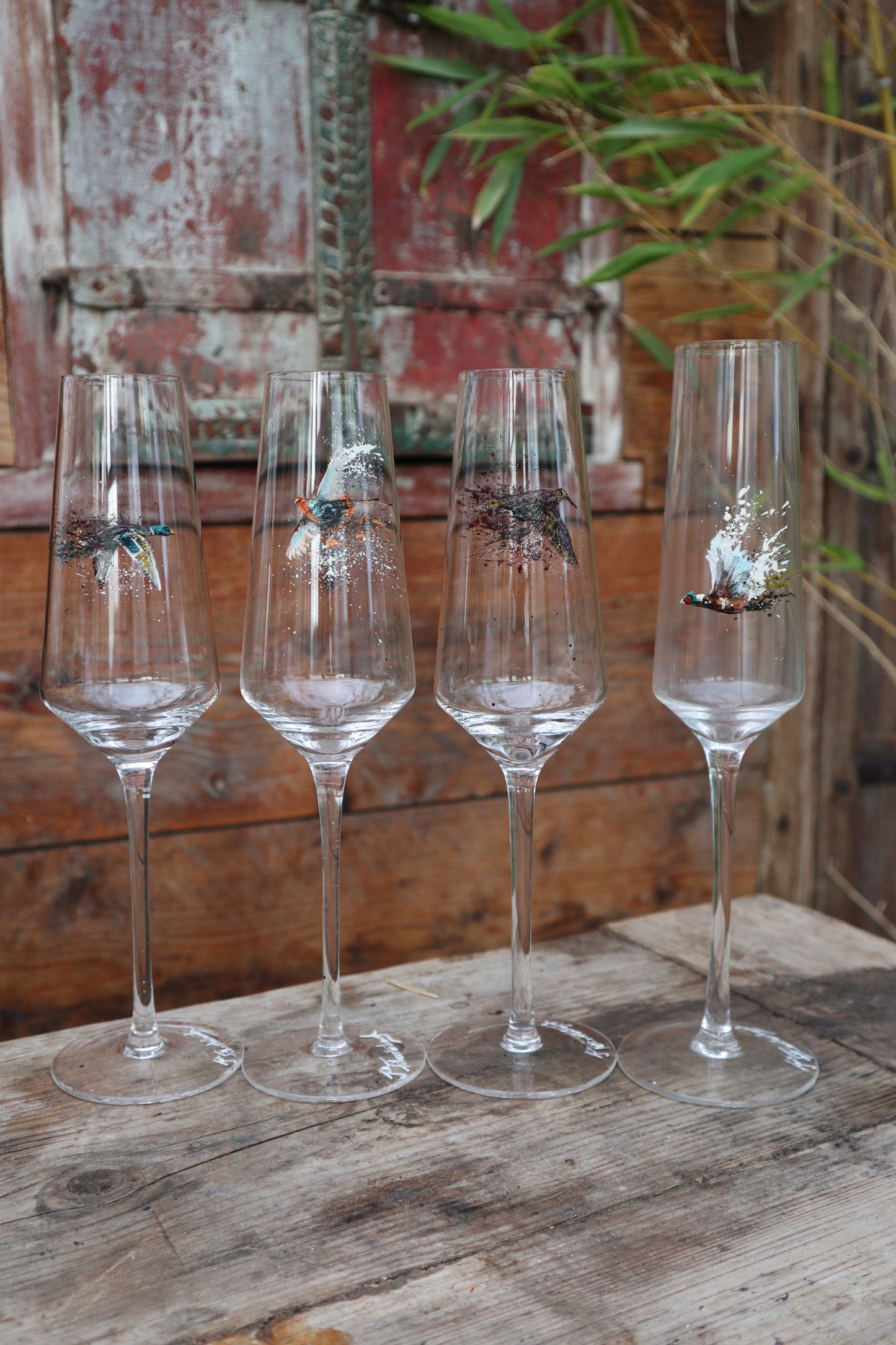 Set of 4 Game Bird Champagne Flutes (Hand painted)