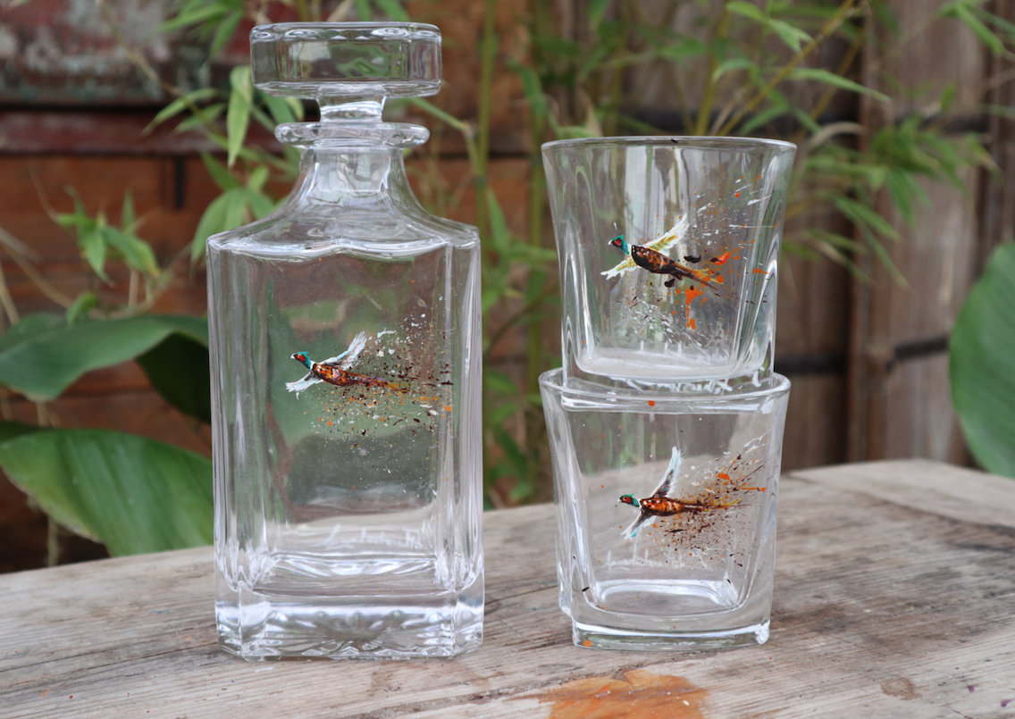 Hand painted Pheasant glassware