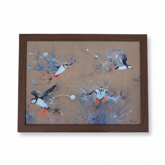 Puffin design cushioned lap tray viewed from above