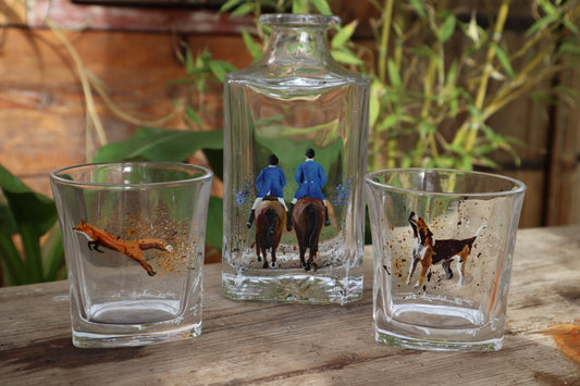 Pair of Riders Decanter set with fox and hound