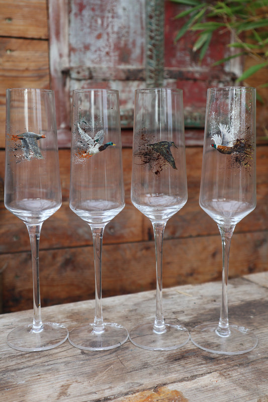 Set of 4 Game Bird Champagne Flutes (Hand painted)