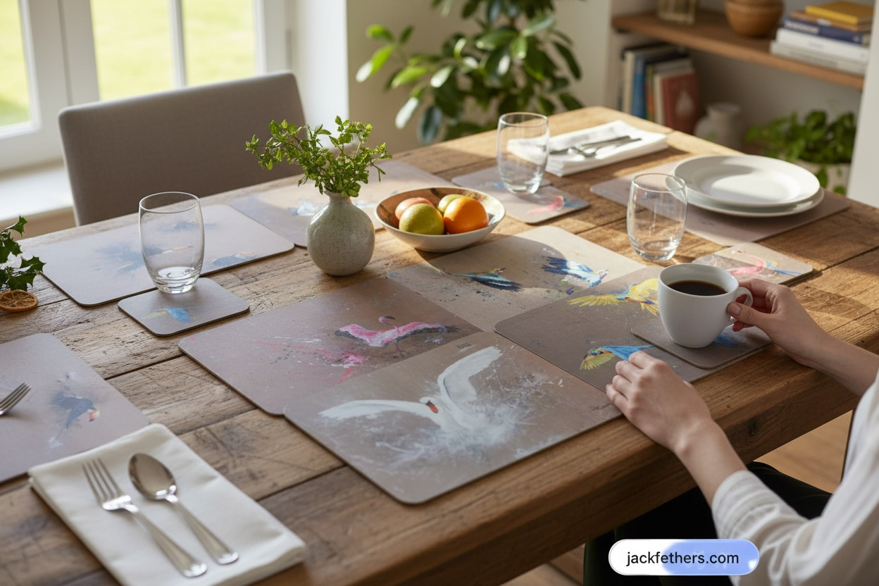 Transform everyday dining with original bird artwork placemats designed to bring colour and character to the table.