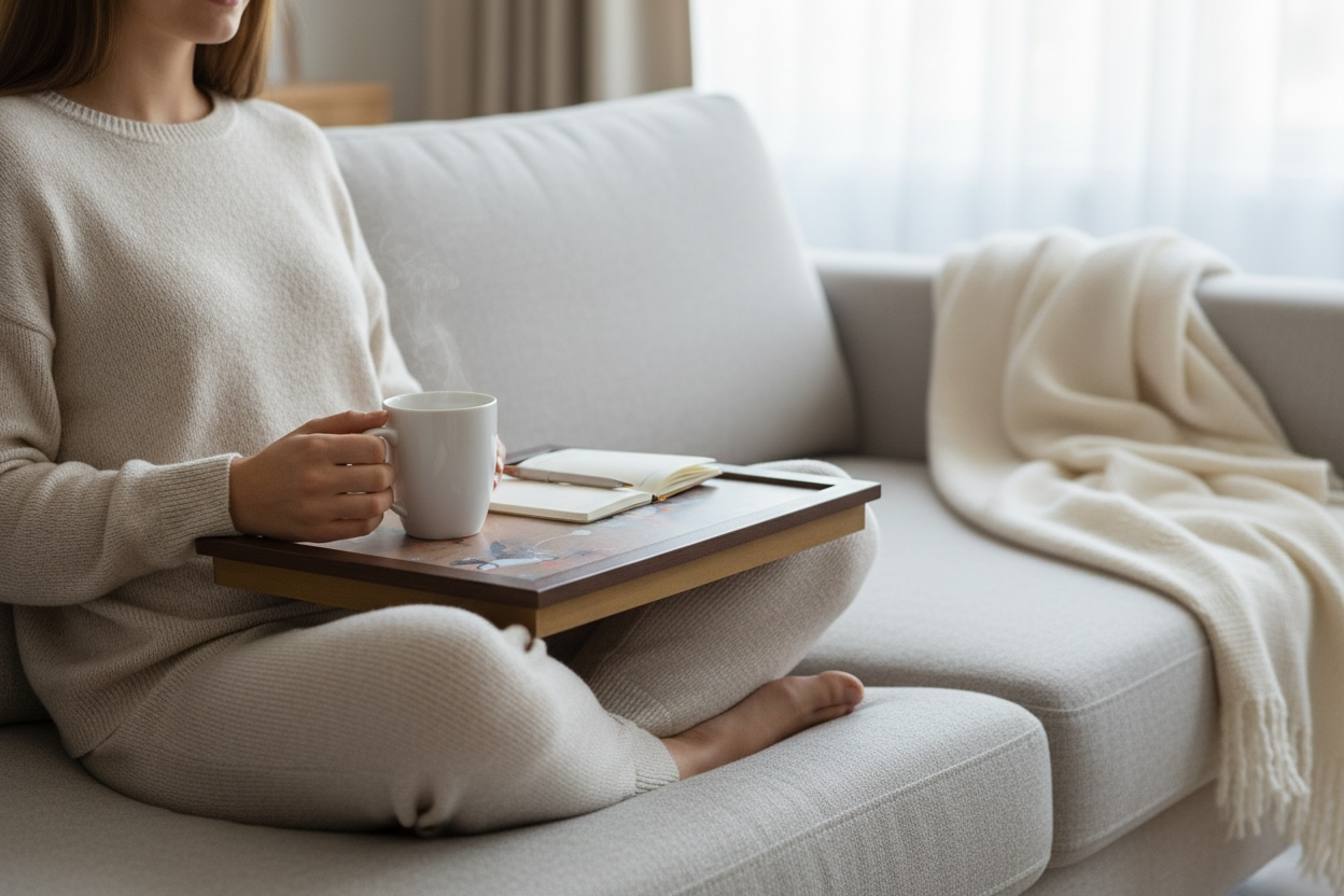 Person using cushioned puffin lap tray while seated
