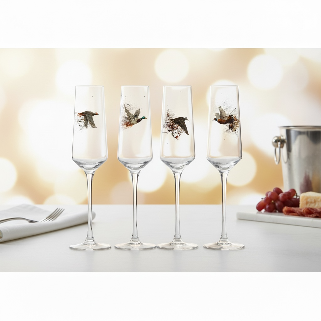Set of 4 Game Bird Champagne Flutes (Hand painted)