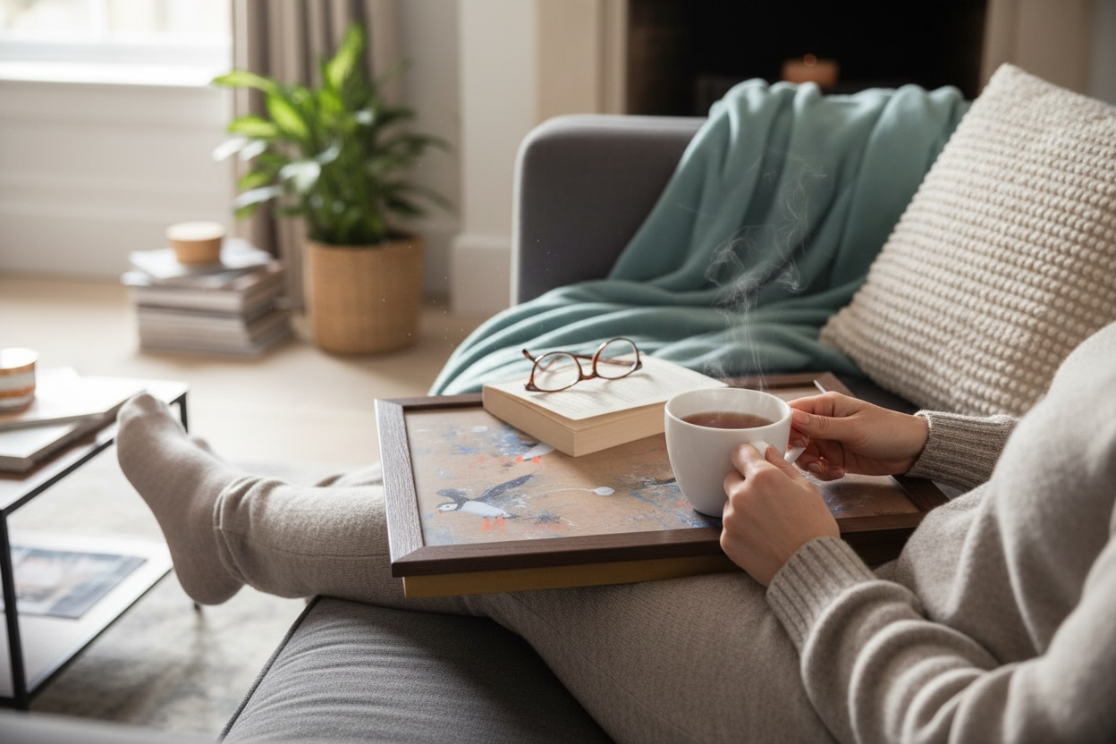 Puffin lap tray in use on sofa for eating or working comfortably 