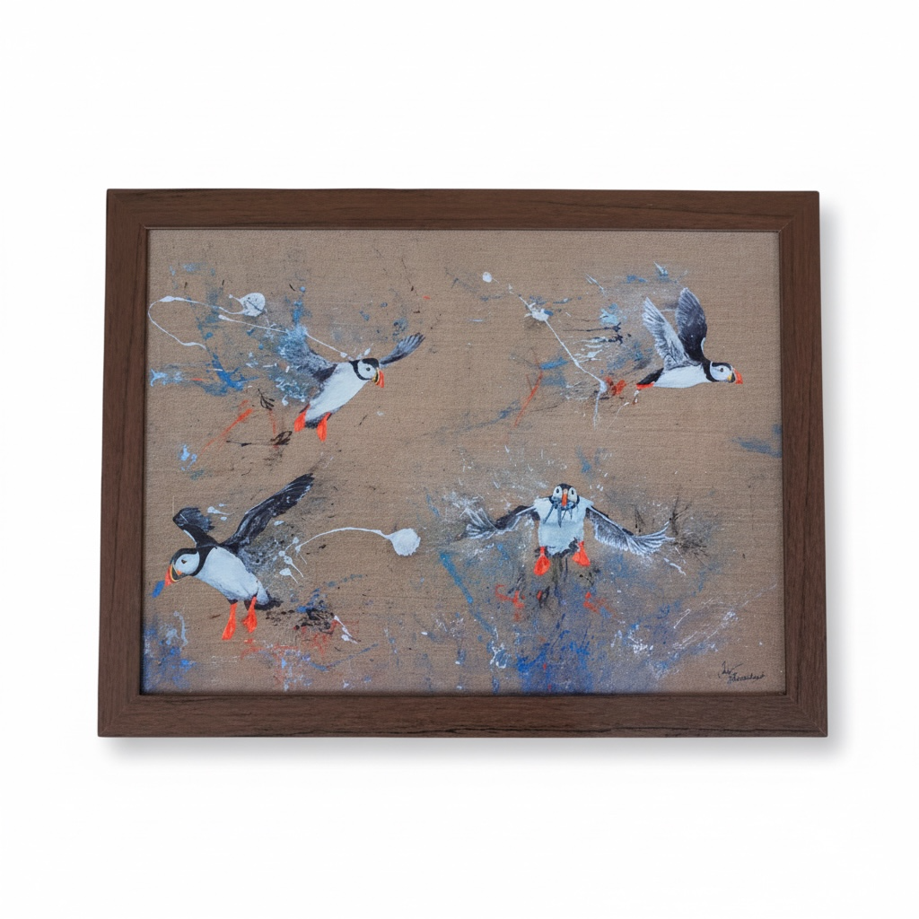 Puffin design cushioned lap tray viewed from above 